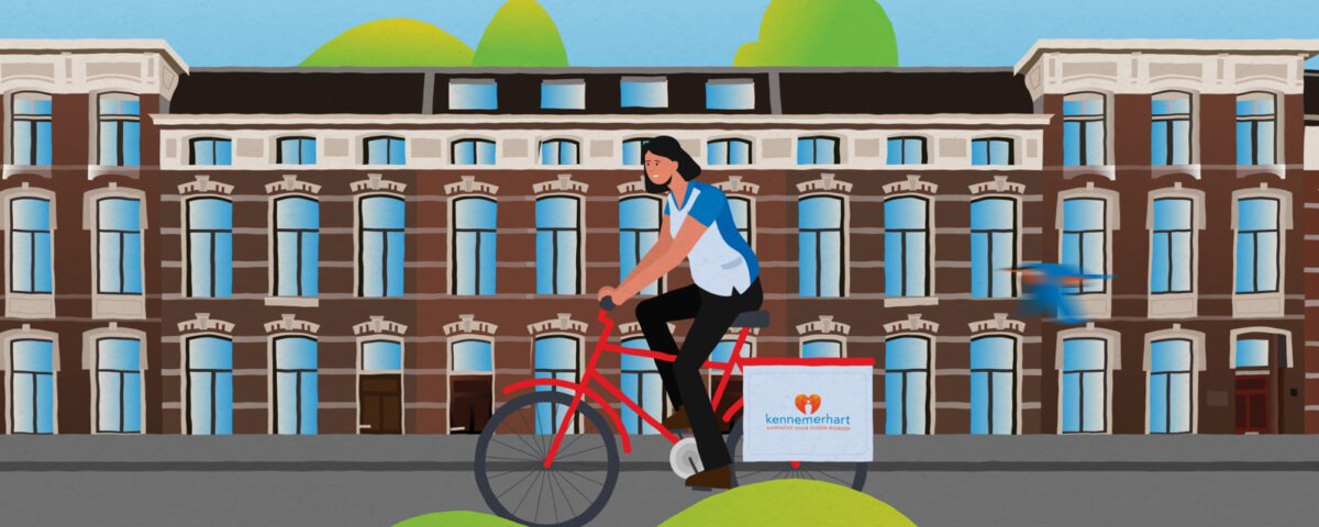 Illustratie van vrouw op de fiets met Kennemerhart fietstas