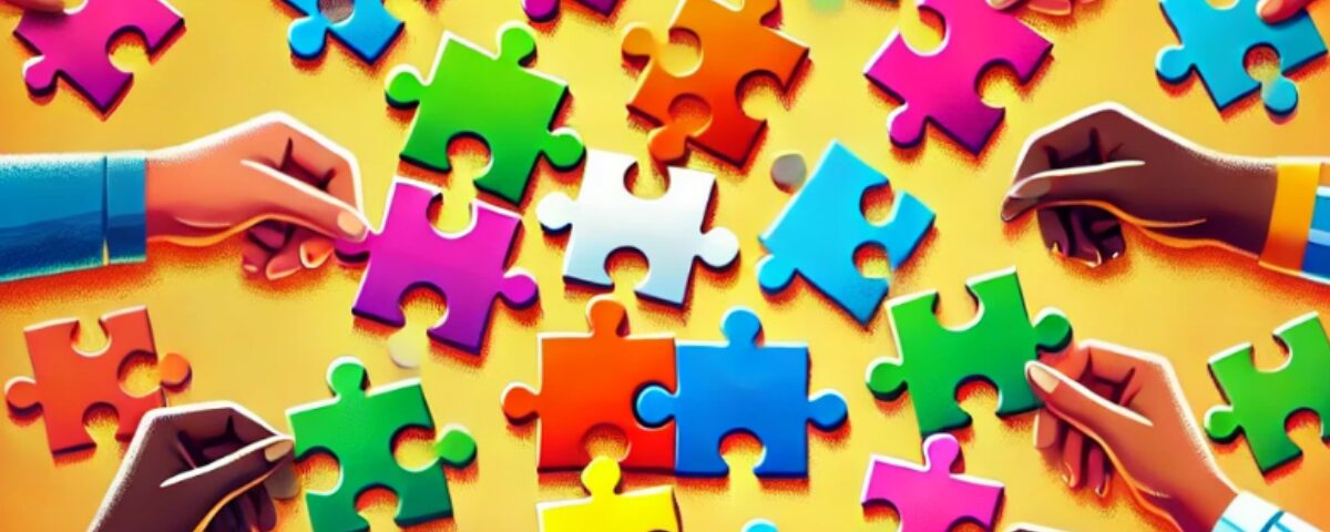 Vele handen die puzzelstukjes verbinden