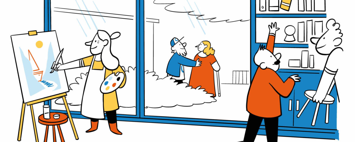 Illustratie van mensen met schilderwerk en boeken