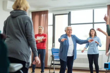 Groep mensen doet samen beweegoefeningen in een activiteitruimte.