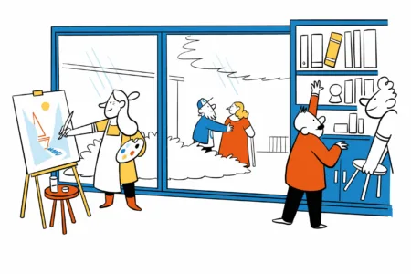 Illustratie van mensen met schilderwerk en boeken