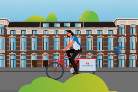 Illustratie van vrouw op de fiets met Kennemerhart fietstas