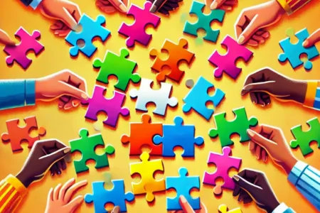 Vele handen die puzzelstukjes verbinden